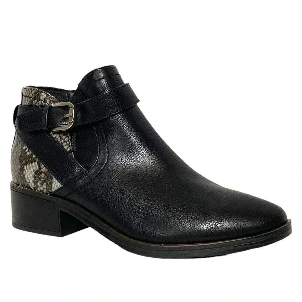 Black Vegan Animal Print Zip-Up Buckle Ankle Boot 6.5